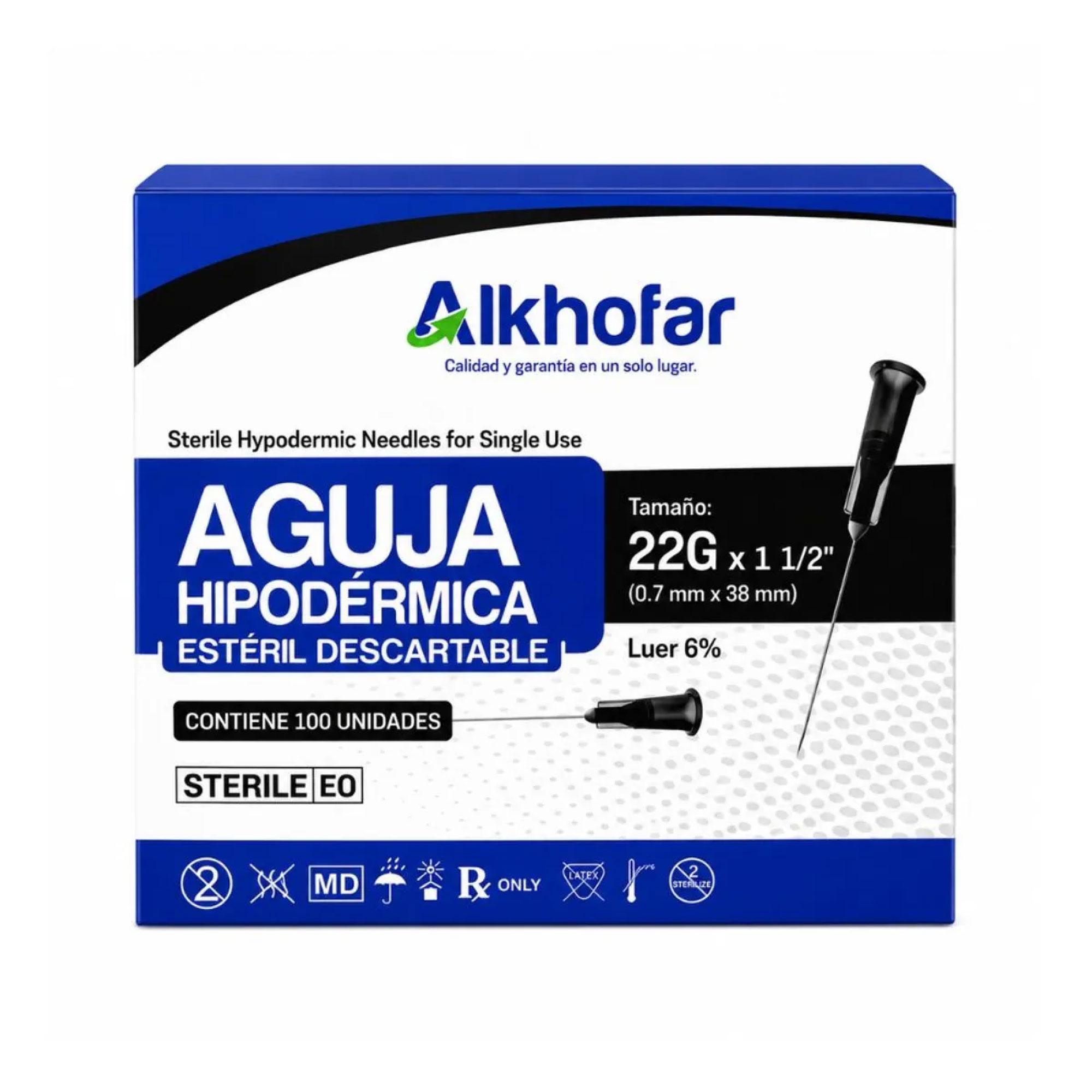 Aguja Hipodermica 22 x 1 1/2" Caja de 100 unidades